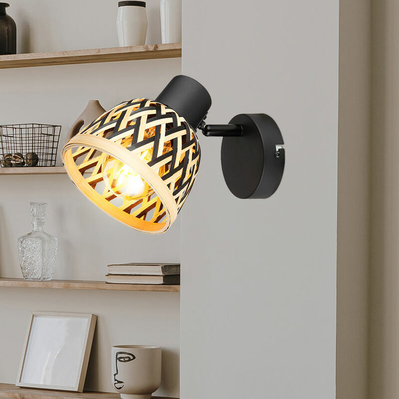 foto del prodotto lampada da parete lampada da soggiorno in stile boho faretto da parete marrone bamb , paralume punto intrecciato regolabile, nero, 1x e27, dxh 13x14cm