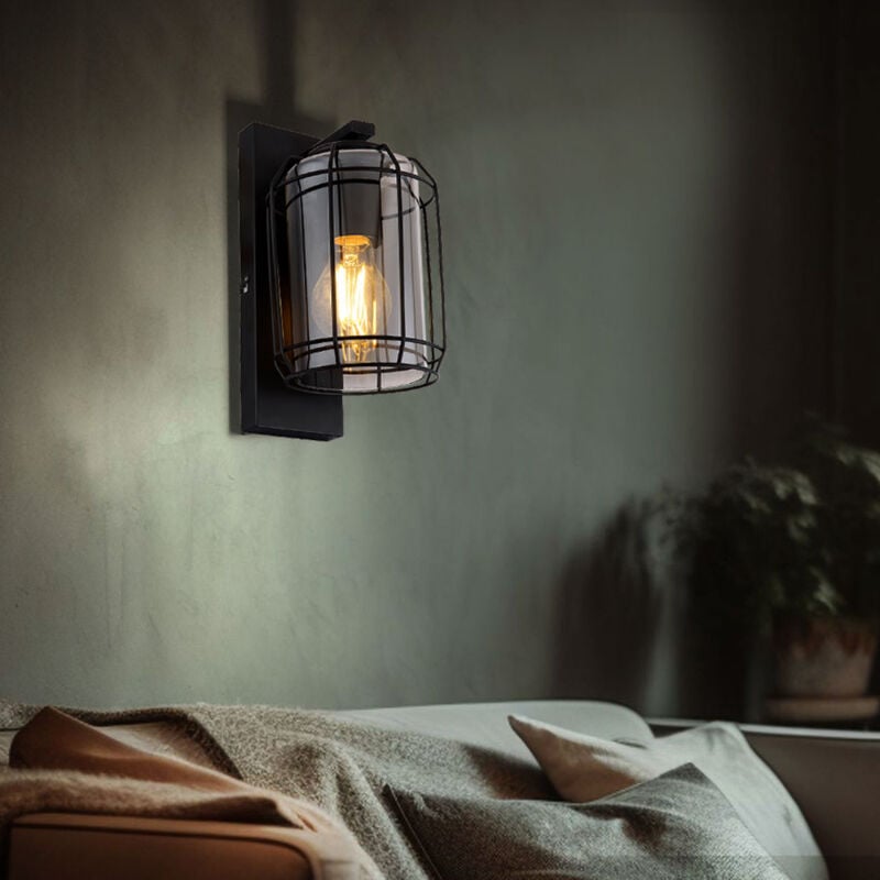 foto del prodotto lampada da parete lampada da soggiorno lampada da parete lampada da sala da pranzo industriale vetro color fumo, aspetto griglia metallica nera,