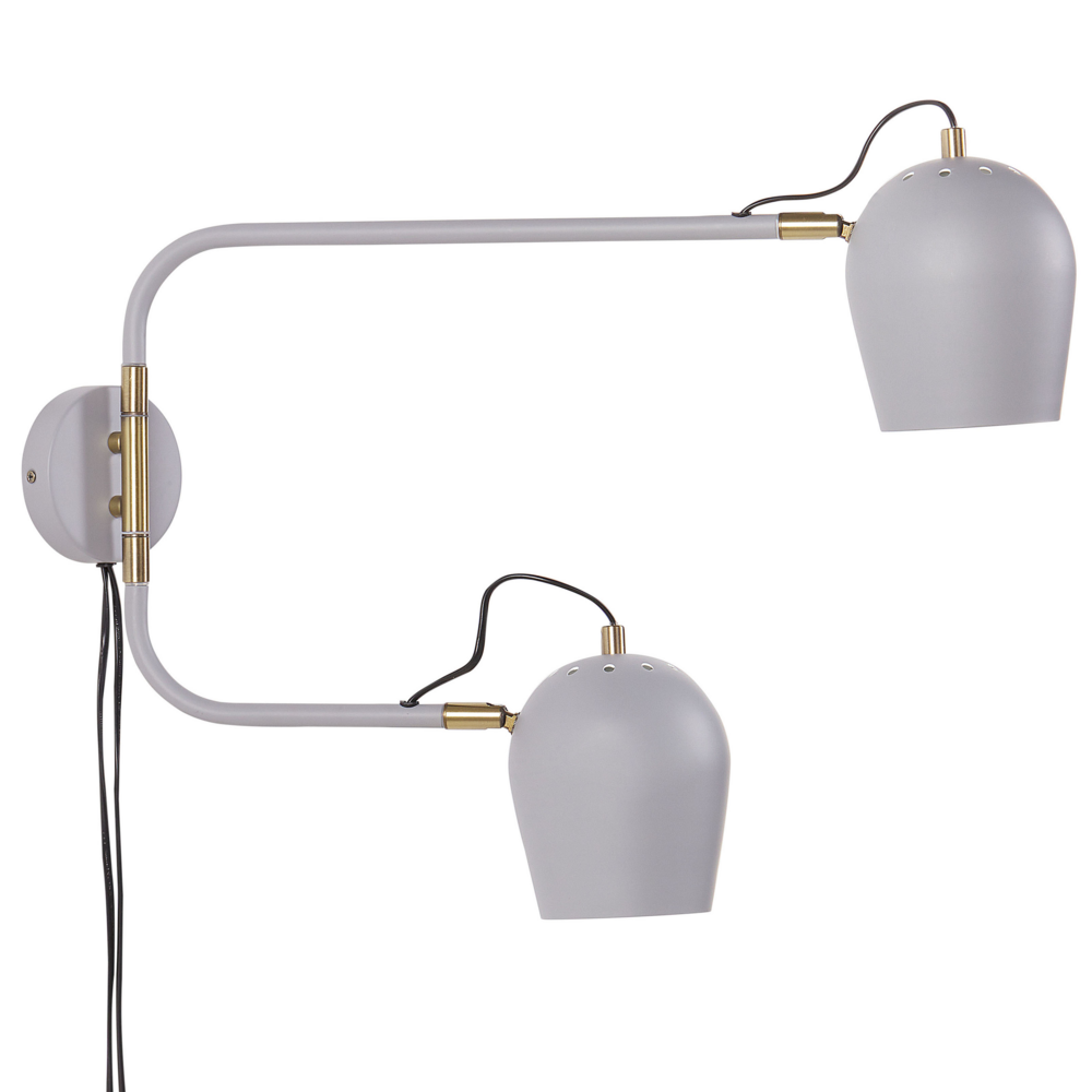 foto del prodotto lampada da parete moderna con 2 paralumi rotondi in metallo con bracci regolabili grigio chiaro look moderno glamour elegante