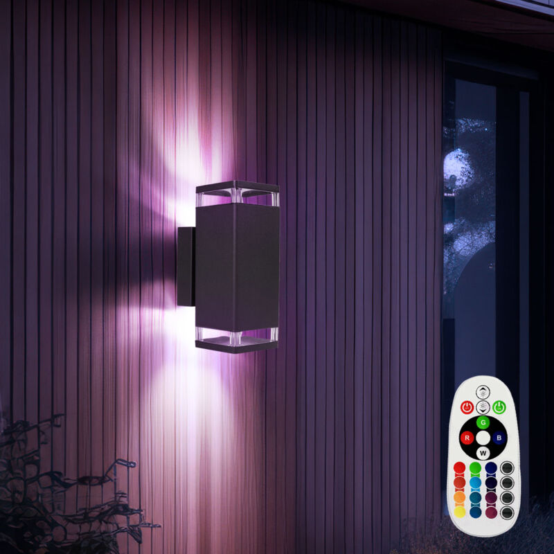 foto del prodotto lampada da parete per casa, lampada da parete, luce per esterni, facciata, alluminio nero, 2 lampadine gu10, telecomando dimmerabile, 2x led rgb 3,5