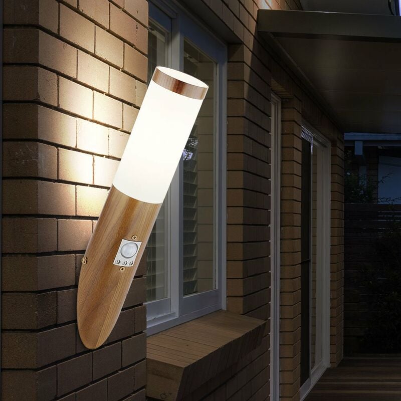 foto del prodotto lampada da parete per esterni con rilevatore di movimento illuminazione per facciate, acciaio inox, aspetto legno, 1x attacco e27, pxa 7,6 x 40,5 cm