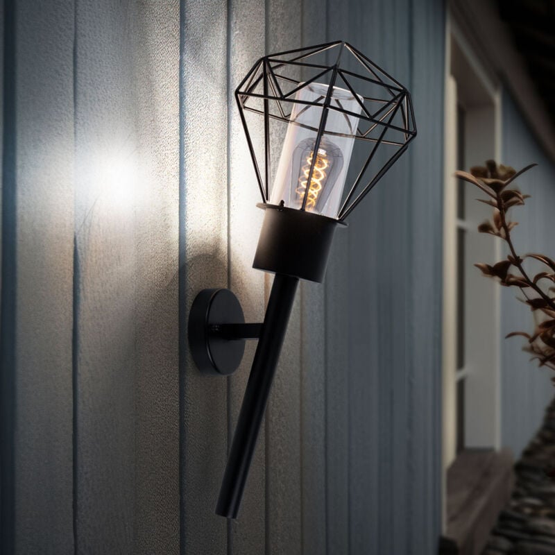 foto del prodotto lampada da parete per esterni ip44 lampada da giardino torcia lampada da parete vintage nera, aspetto griglia diamantata, metallo in acciaio