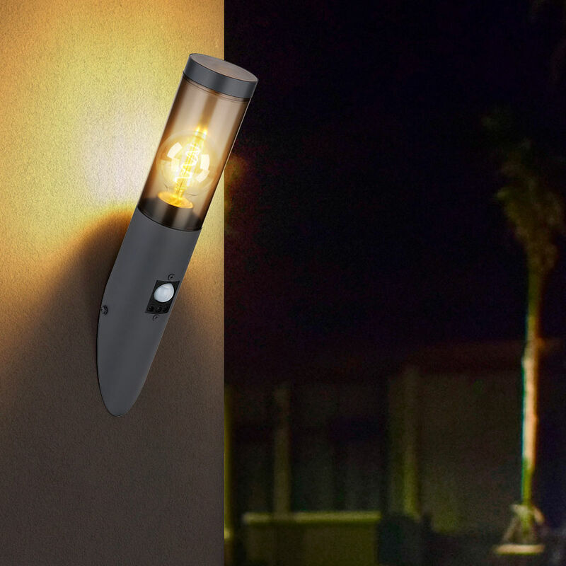 foto del prodotto lampada da parete per esterno con rilevatore di movimento, lampada da parete in acciaio inox torcia esterna, fumo antracite, 1x e27, lxa 7,6x41 cm