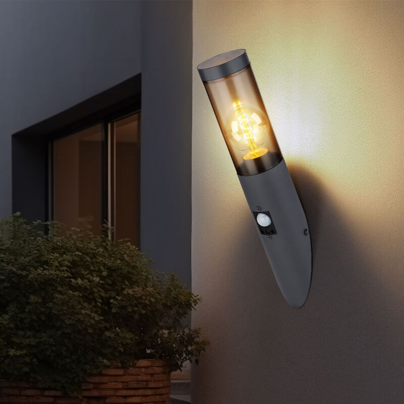 foto del prodotto lampada da parete per esterno con rilevatore di movimento, lampada da parete in acciaio inox torcia esterna, fumo antracite, 1x e27, lxa 7,6x41 cm