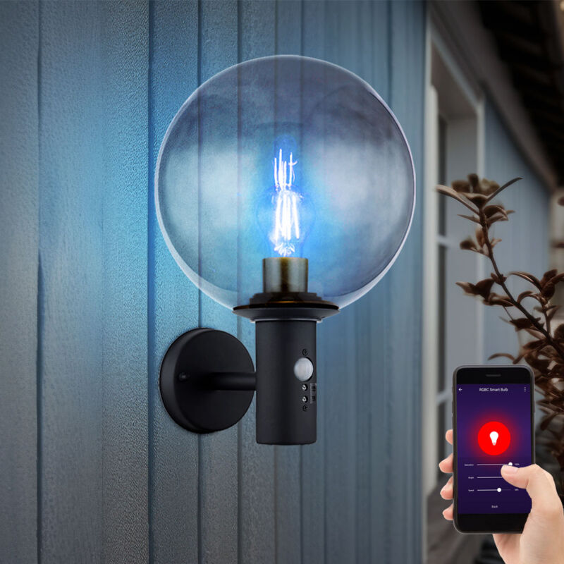 foto del prodotto lampada da parete per esterno lampada da parete a led con rilevatore di movimento, lampada da parete, sfera di vetro antracite fumo, controllo app,