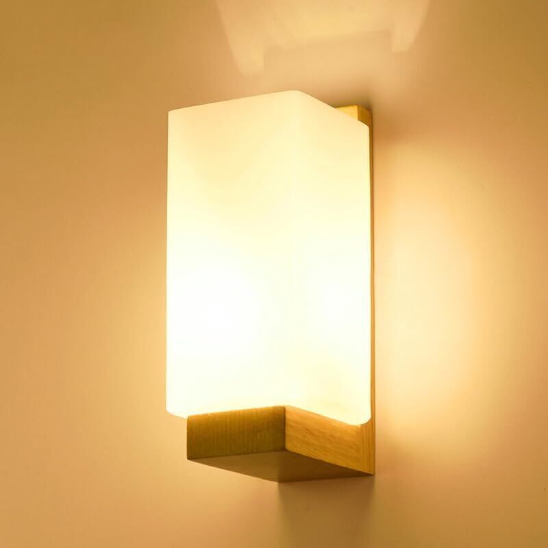 foto del prodotto lampada da parete per interni in legno, lampada da parete moderna e27 dal design minimalista, lampada da parete con paralume in vetro per la