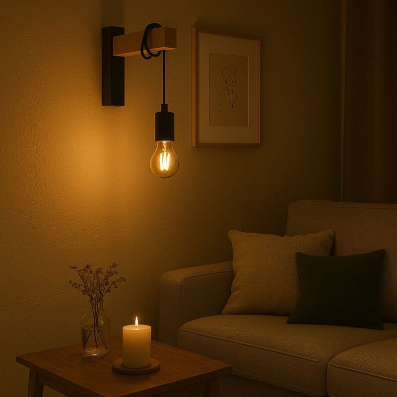 foto del prodotto lampada da parete per interni norfolk nera e legno e27