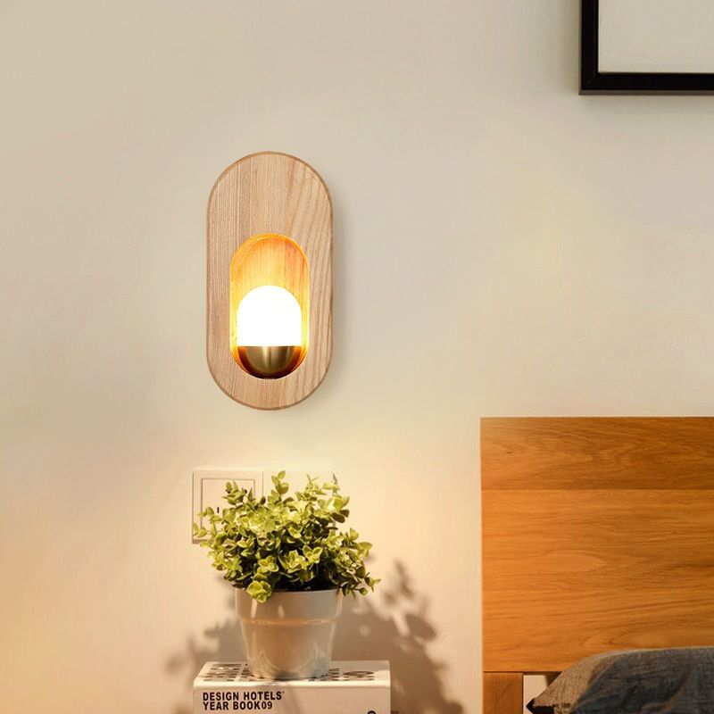 foto del prodotto lampada da parete per testiera, piccola lampada in legno a 1 luce, lampada da parete moderna nordica in legno per camera da letto, corridoio