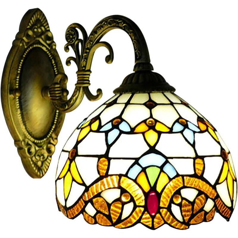 foto del prodotto lampada da parete stile rustico tiffany, lampada da parete per camera da letto, comodino con interruttore a tirante, paralume in vetro colorato, per