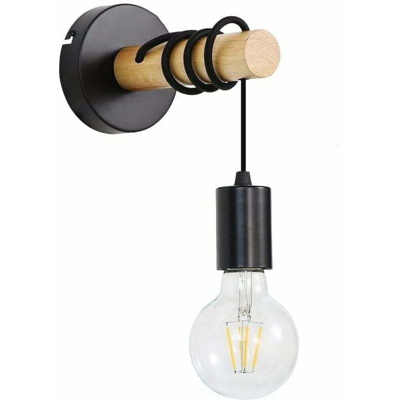 foto del prodotto lampada da parete vintage in legno, applique industriale retr , lampada da parete sospesa con base rotonda in metallo, illuminazione da parete nera