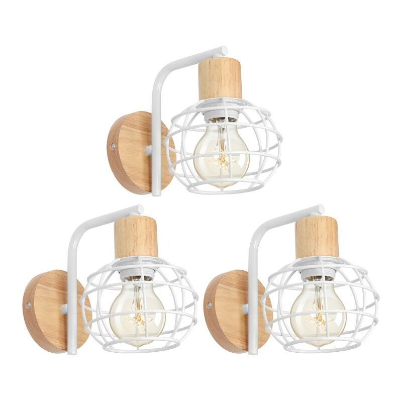foto del prodotto lampada da parete vintage industriale applique da parete interno lampada a muro legno metallo 3 pezzi bianco