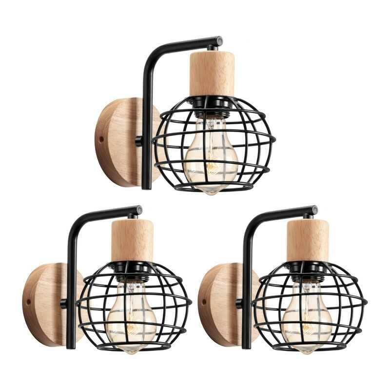 foto del prodotto lampada da parete vintage industriale applique da parete interno lampada a muro legno metallo 3 pezzi nero