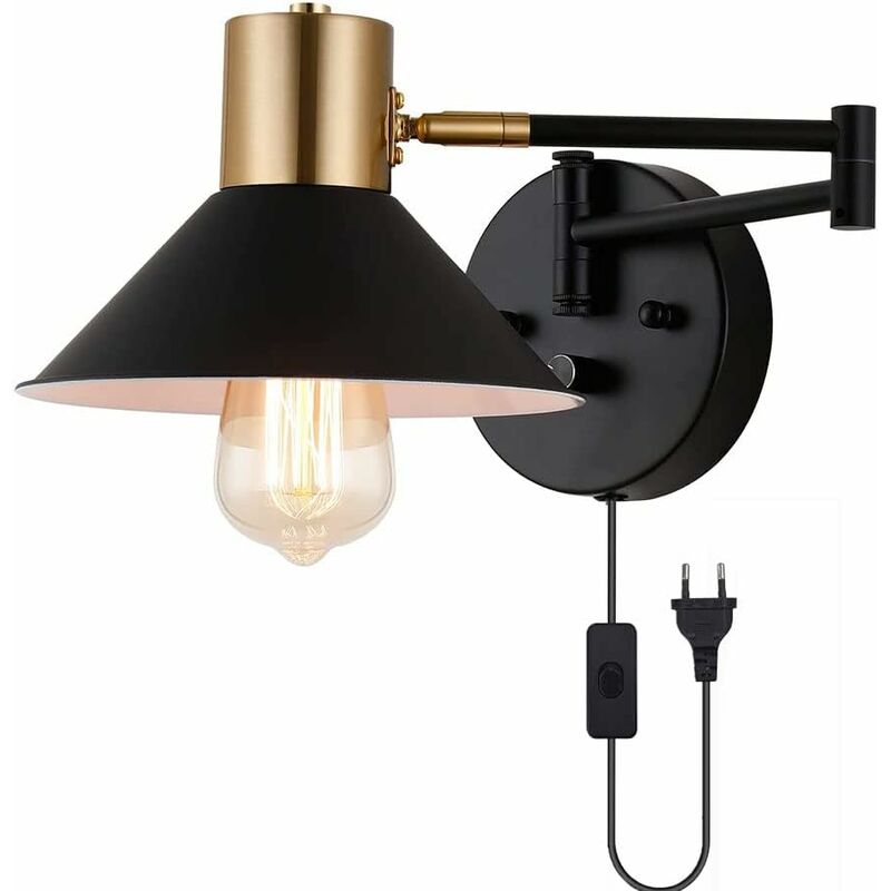 foto del prodotto lampada da parete vintage nera dimmerabile con 2 interruttori, lampada da parete orientabile orientabile industriale retr 2 luci da lettura sul