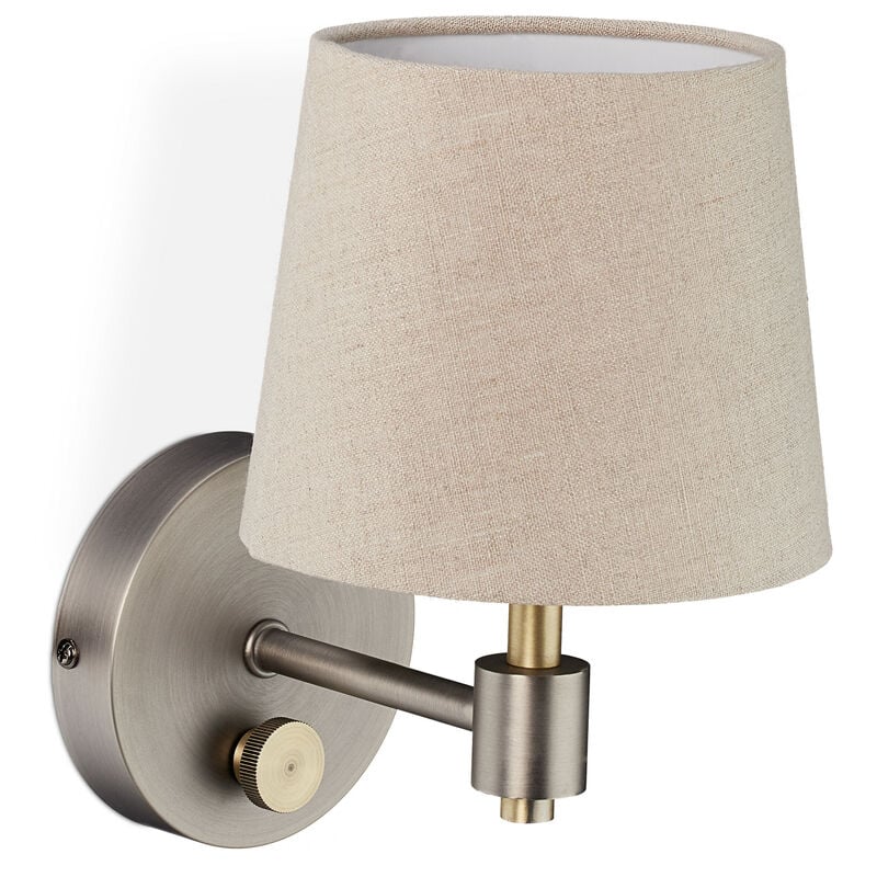 foto del prodotto lampada da parete vintage, regolabile, applique con manopola, paralume stoffa, 23 x 15 x 21 cm, beige argento relaxdays