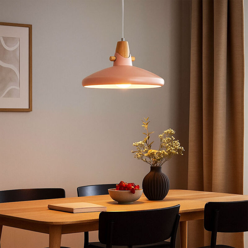 foto del prodotto lampada da sala da pranzo rosa lampada a sospensione retro lampada a sospensione effetto legno rosa, attacco e27, dxh 35x150 cm