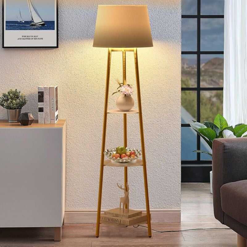 foto del prodotto lampada da salotto lampada da terra piantana 3 ripiani moderno lampade treppiedi metallo con luci e27, bianco dorato