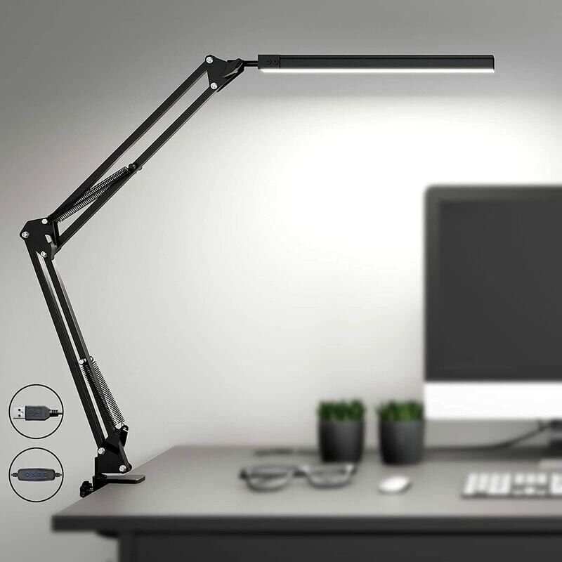 foto del prodotto lampada da scrivania a led con morsetto, lampada per lettura oculare dimmerabile, 3 modalit colore, lampada con braccio oscillante, lampada da
