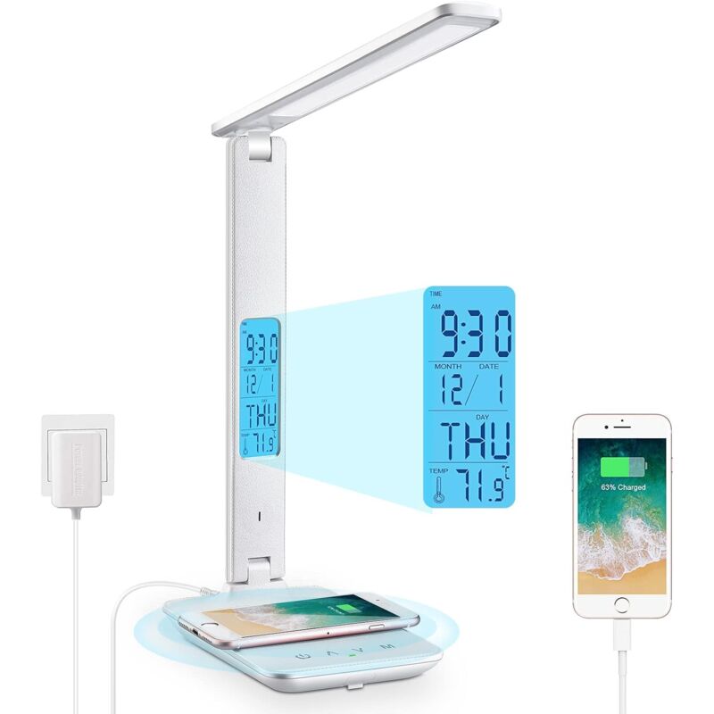 foto del prodotto lampada da scrivania a led con ricarica wireless da 10 w e porta di ricarica usb, 3 temperature di colore, 3 livelli di luminosit , controllo touch,