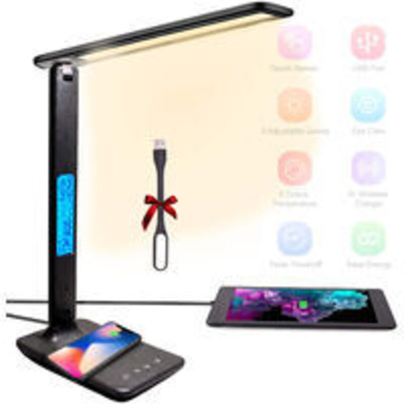 foto del prodotto lampada da scrivania a led dimmerabile, 3 modalit , 3 livelli di luminosit , display lcd, funzione di ricarica wireless, protezione degli occhi