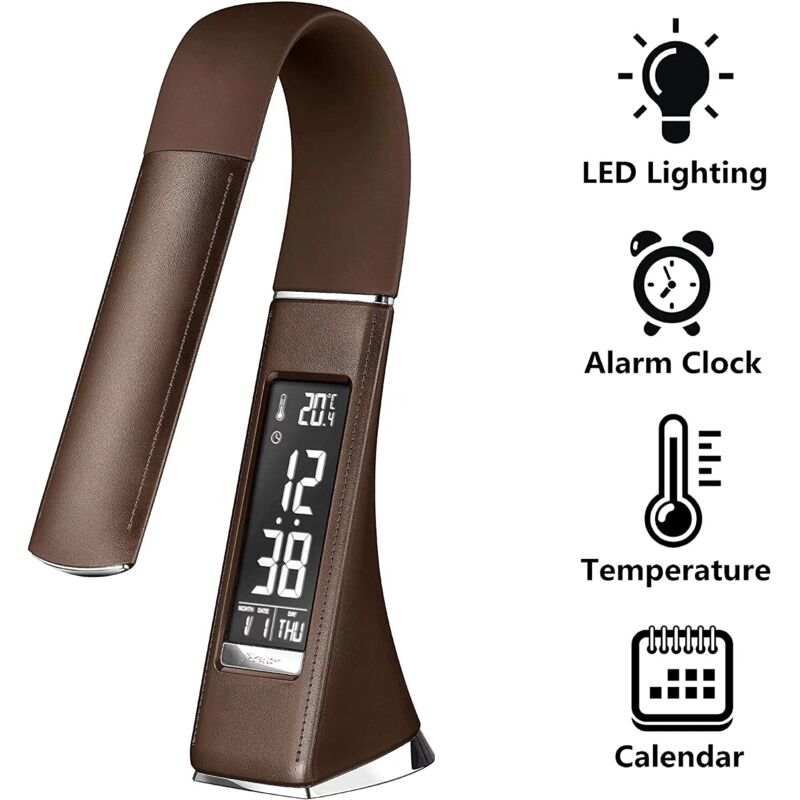 foto del prodotto lampada da scrivania a led u2 da 5 w, display dimmerabile, lampada da tavolo con sveglia, calendario, visualizzazione di ora e temperatura, lampada