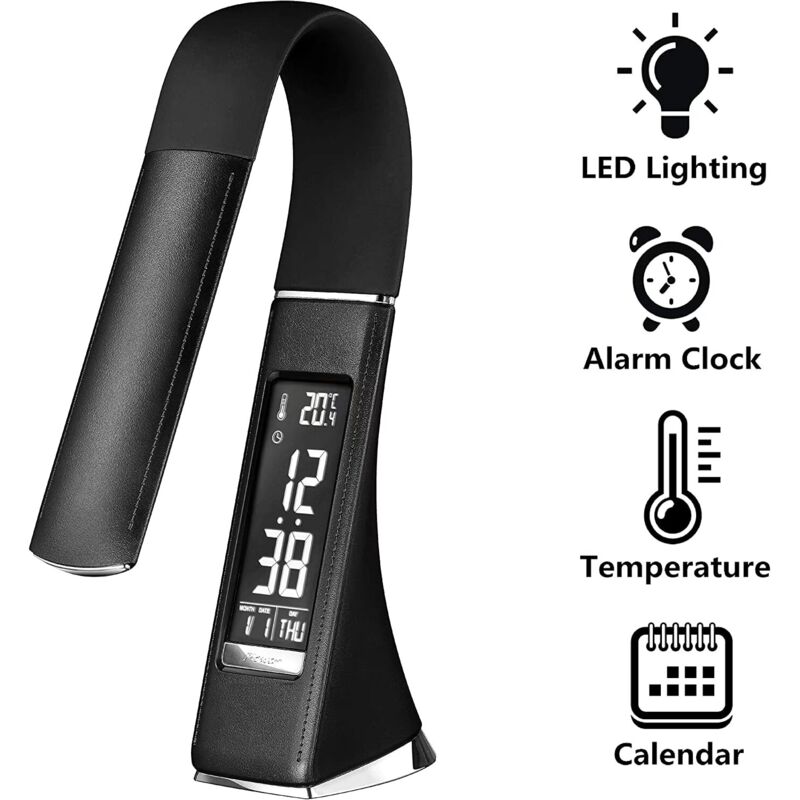 foto del prodotto lampada da scrivania a led u2 da 5 w, display dimmerabile, lampada da tavolo con sveglia, calendario, visualizzazione di ora e temperatura, lampada