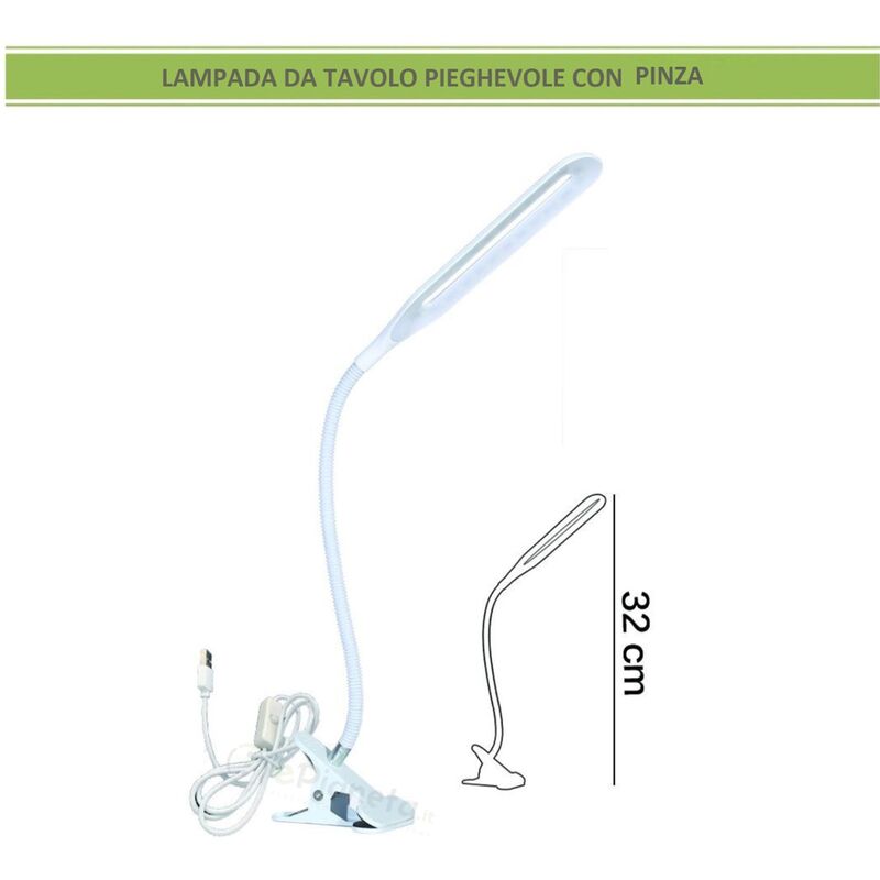 foto del prodotto lampada da scrivania bianco luce led con morsetto pinza orientabile lume tavolo flessibile per mensola comodino lettura trucco