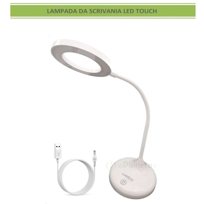 foto del prodotto lampada da scrivania cerchio led touch luce lettura ricaricabile usb bianco orientabile lume tavolo comodino design moderno