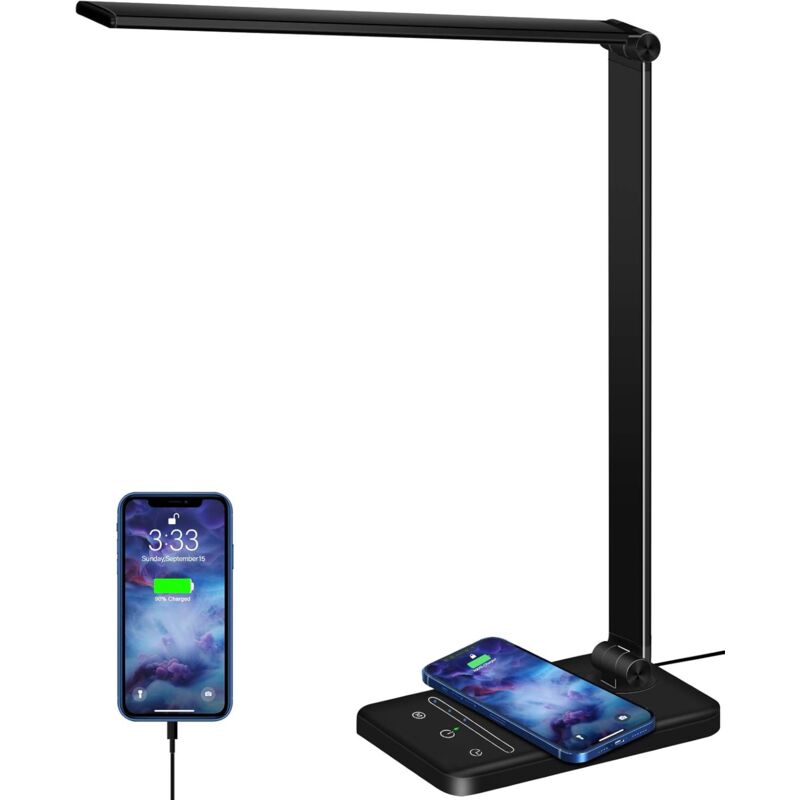 foto del prodotto lampada da scrivania con caricabatterie wireless dimmerabile, 5 modalit colore, 6 livelli di luminosit , controllo touch, porta usb, timer,