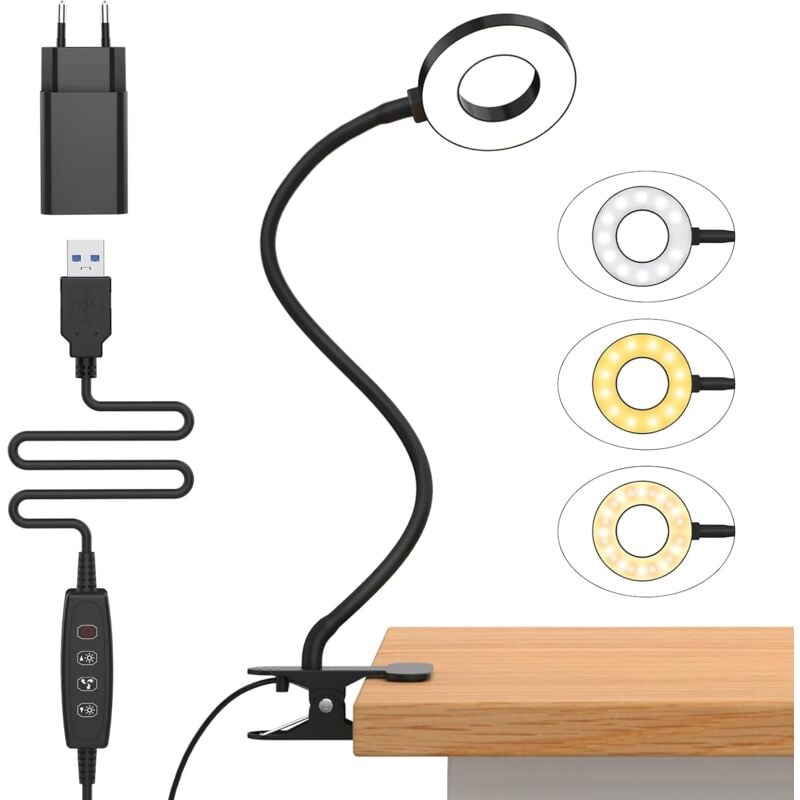 foto del prodotto lampada da scrivania con clip da 10 w con adattatore usb 3 modalit di illuminazione e 10 livelli di luminosit lampada da lettura con clip