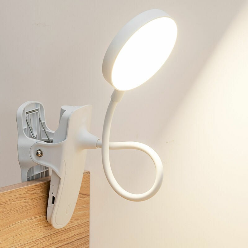 foto del prodotto lampada da scrivania con morsetto, lampada con morsetto a regolazione continua a led a 3 colori per letto, lampada da lettura flessibile a 360