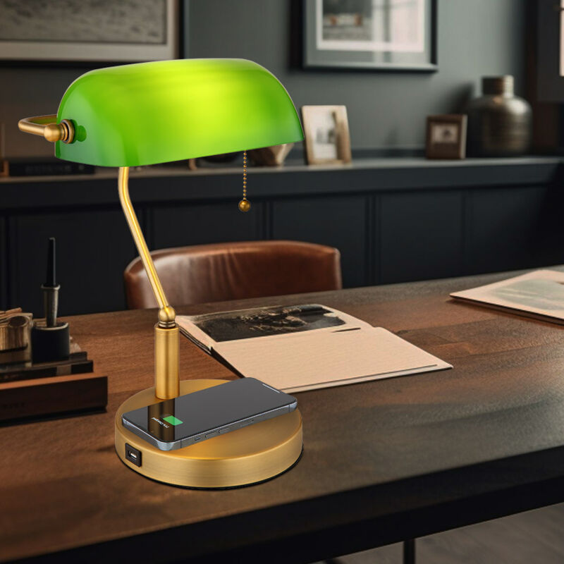 foto del prodotto lampada da scrivania lampada da banchiere lampada da tavolo ottone vecchio vetro luce da lettura verde, porta usb per ricarica wireless, interruttore