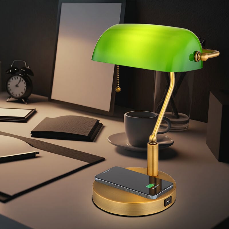 foto del prodotto lampada da scrivania lampada da banchiere lampada da tavolo ottone vecchio vetro luce da lettura verde, porta usb per ricarica wireless, interruttore