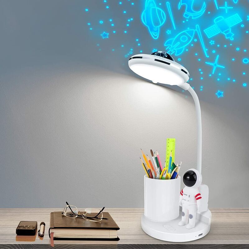 foto del prodotto lampada da scrivania per bambini, lampada da tavolo dimmerabile senza fili, lampada da scrivania ricaricabile con proiezione e portapenne, luce di