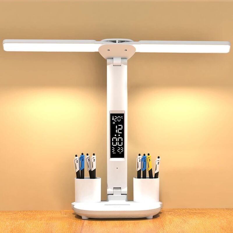 foto del prodotto lampada da scrivania per lo studio della cura degli occhi, lampada da scrivania a batteria dimmerabile senza fili, con orologio portapenne display