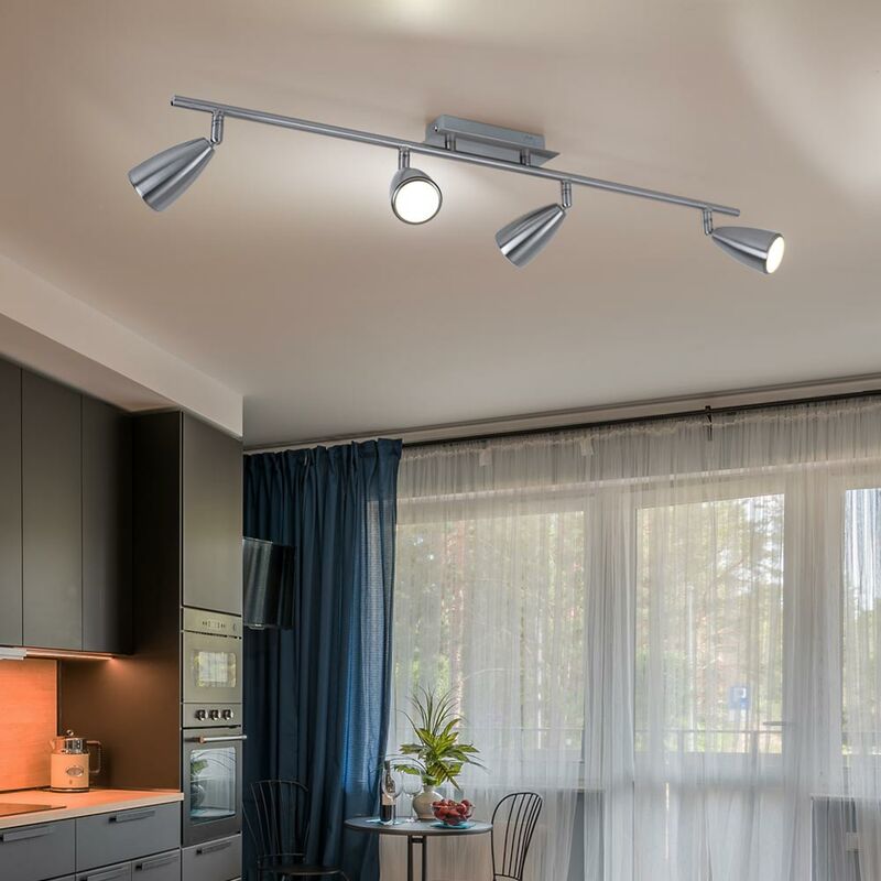 foto del prodotto lampada da soffitto 4 faretti spot strip plafoniera orientabile nichel opaco, acciaio, 4x led 4,5w 400lm bianco caldo, lxl 78,5x7 cm