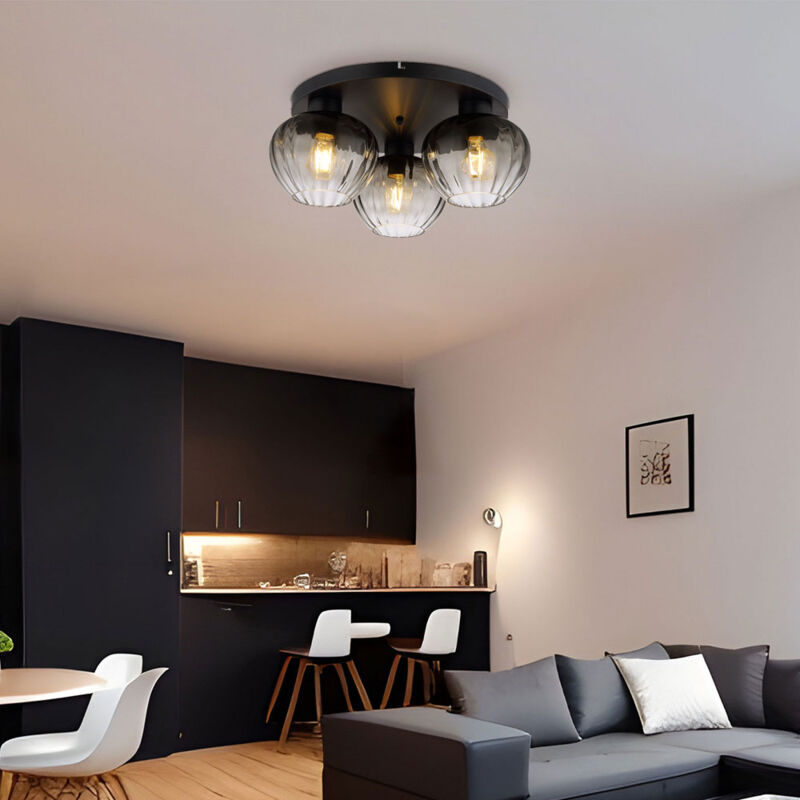 foto del prodotto lampada da soffitto a 3 fiamme in vetro fum retr lampada da soggiorno lampada da ingresso, metallo nero, 3x e27, dxh 45 x 20,5 cm