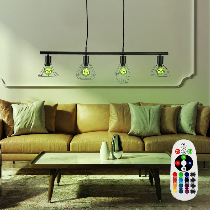 foto del prodotto lampada da soffitto a sospensione telecomando lampada a sospensione a gabbia dimmerabile in un set che include lampade a led rgb