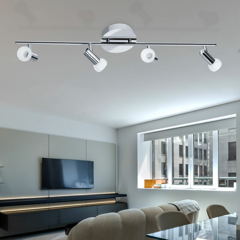 foto del prodotto lampada da soffitto a spot lampada da soffitto per soggiorno, sala da pranzo, 4 spot mobili a fiamma, paralume in vetro bianco cromato, 4x led 4,6w