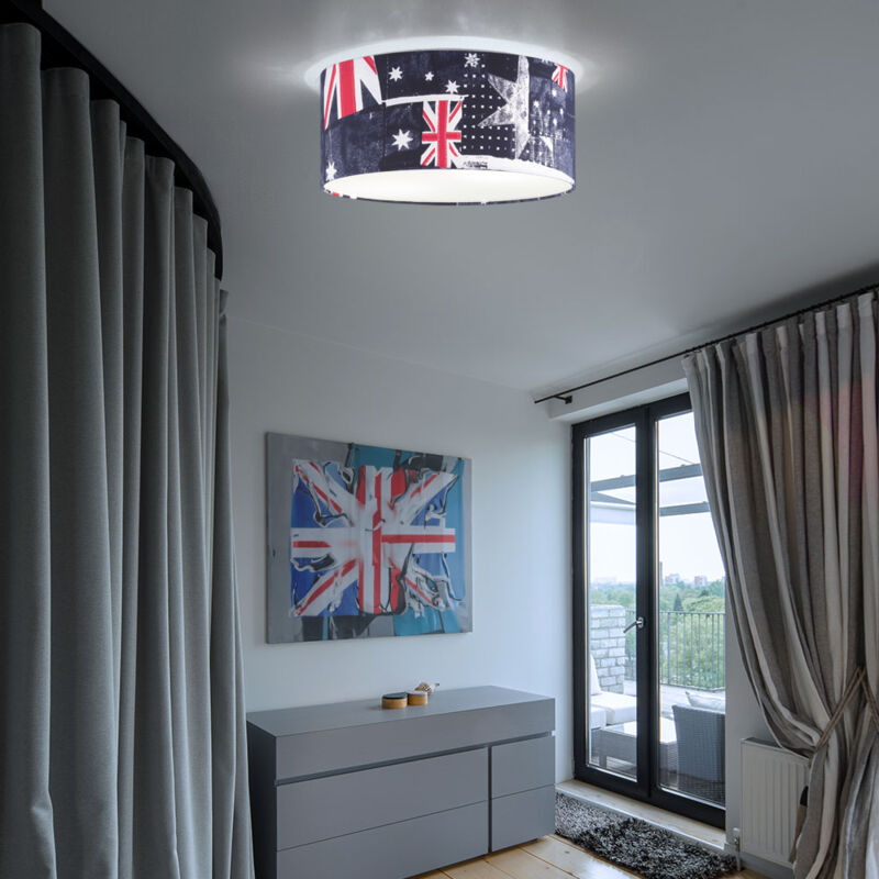 foto del prodotto lampada da soffitto con bandiera union jack bandiera britannica plafoniera bianca rossa blu, 2x e27, diametro x altezza 45 x 20 cm