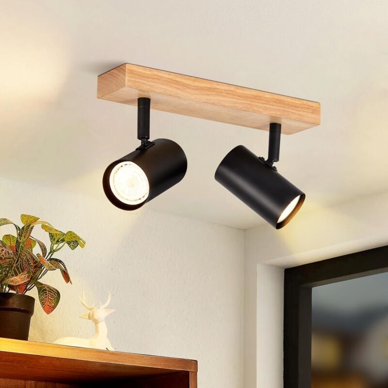 foto del prodotto lampada da soffitto con due faretti in legno faretti da soffitto neri ruotabili a 350 applique da interno gu10 per illuminare il soggiorno, il
