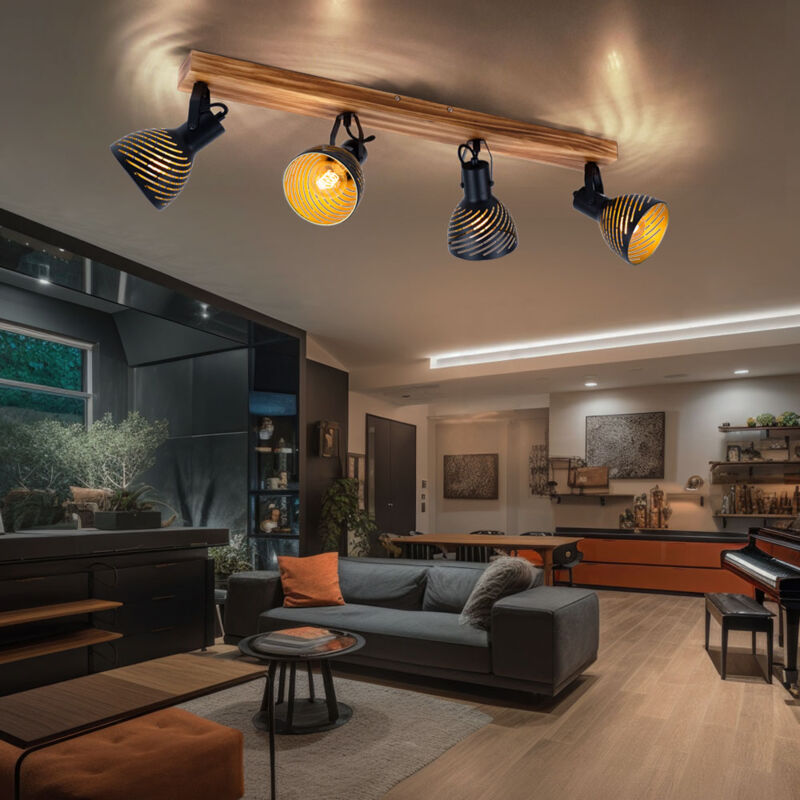 foto del prodotto lampada da soffitto faretti da soffitto color oro marrone lampada da soggiorno a 4 luci con faretti orientabili, metallo legno, attacco 4x e27, lxpxh