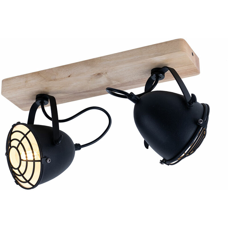 foto del prodotto lampada da soffitto faretto lampada da soggiorno lampada da soffitto lampada da sala da pranzo, griglia in metallo nero legno naturale, 2 lampadine