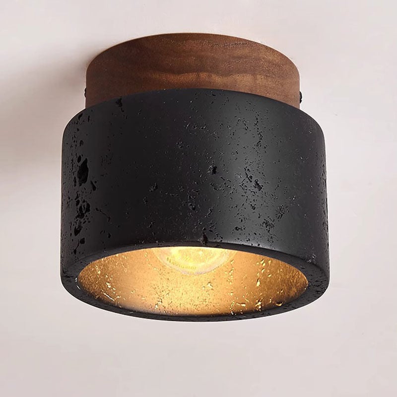 foto del prodotto lampada da soffitto giapponese wabi sabi naturale realizzata in pietra nera perforata, semplice lampada da parete decorativa, ingresso, corridoio,