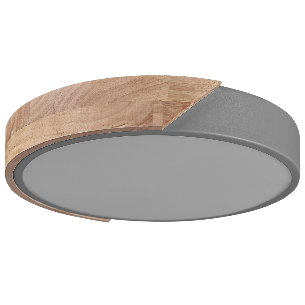 foto del prodotto lampada da soffitto grigia con luci a led integrate in legno chiaro in acciaio acrilico di forma rotonda illuminazione moderna decorativa