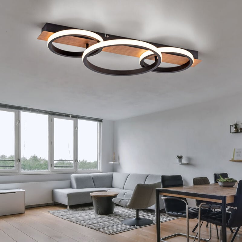 foto del prodotto lampada da soffitto in legno lampada da soffitto in metallo lampada led nera in legno, 3 fiamme, aspetto legno moderno, 1x led 37w 3200lm 3000k,