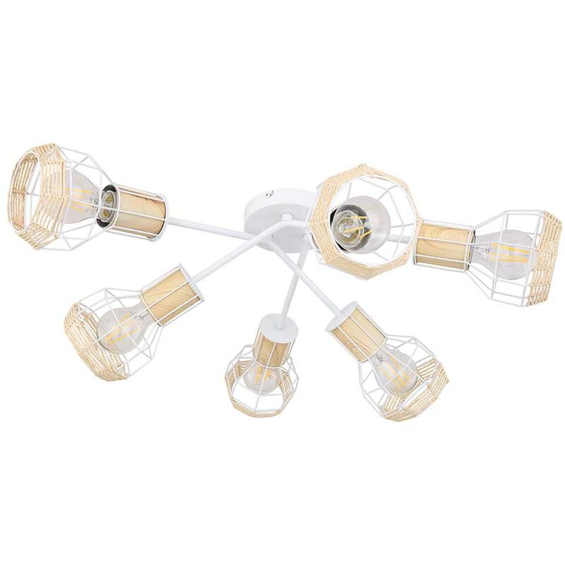foto del prodotto lampada da soffitto in metallo lampada in legno bianco paralume in rafia design retr illuminazione