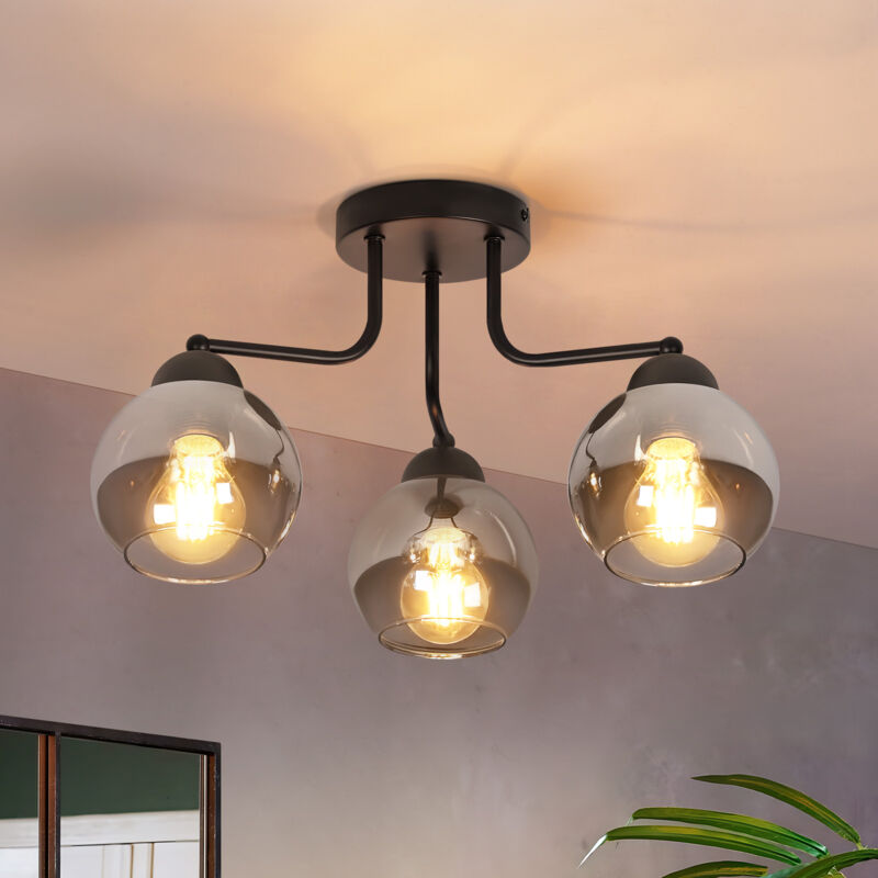 foto del prodotto lampada da soffitto in vetro nero lampada da soffitto vintage per cucina 3 fiamme lampada industriale da corridoio attacco e27 sfera rotonda