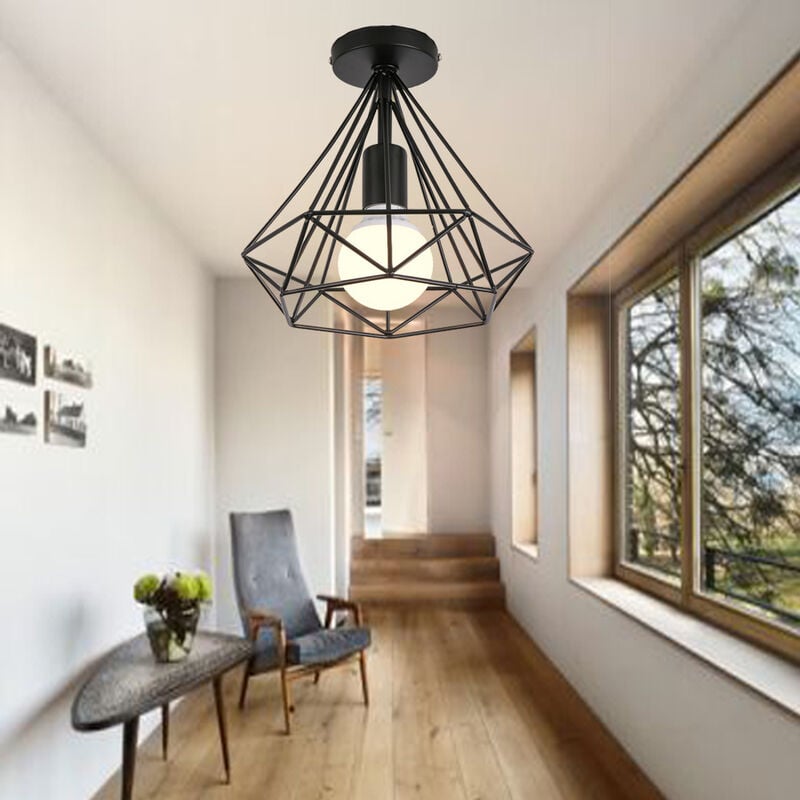 foto del prodotto lampada da soffitto industriale forma di diamante 25cm paralume e27 lampadario per soggiorno cucina camera da letto ingresso nero