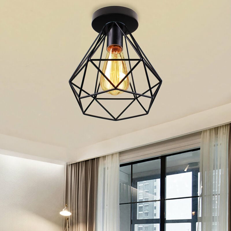 foto del prodotto lampada da soffitto industriale, lampadario da gabbia in metallo, 20cm diamante lampade e27 adatto per soggiorno camera da letto nero