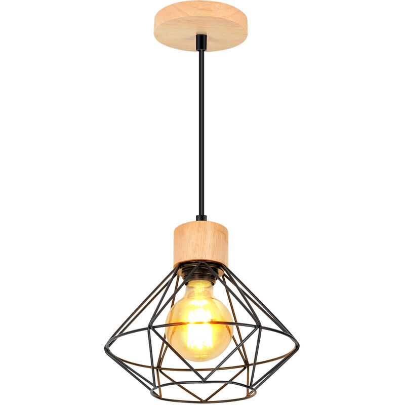 foto del prodotto lampada da soffitto industriale vintage, lampadario in metallo e legno, gabbia diamante e27 per soggiorno camera da letto nero
